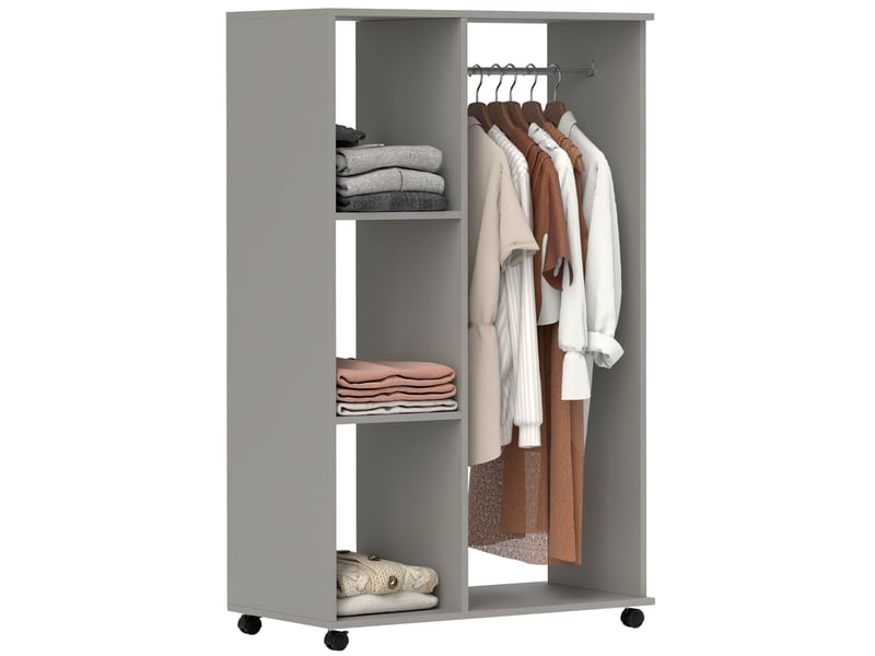  Armoire penderie meuble de rangement mobile 4 roulettes avec tringle à vêtements et étagères ouvertes, gris  - Conforama A