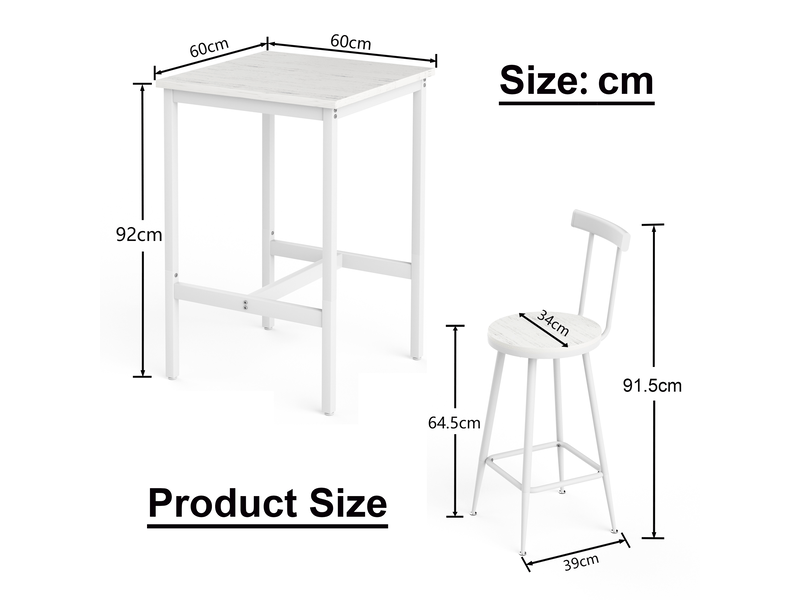  Ensemble table et chaises de bar avec 1 table, 2 tabourets  - dossiers - acier et panneau de particules - blanc  - Conforama D