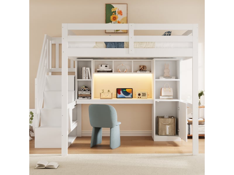  Lit mezzanine enfant 140x200 cm avec bureau, escalier avec rangement, led, prises électriques, étagères, barrières hautes, blanc Radiant Stride - Conforama D