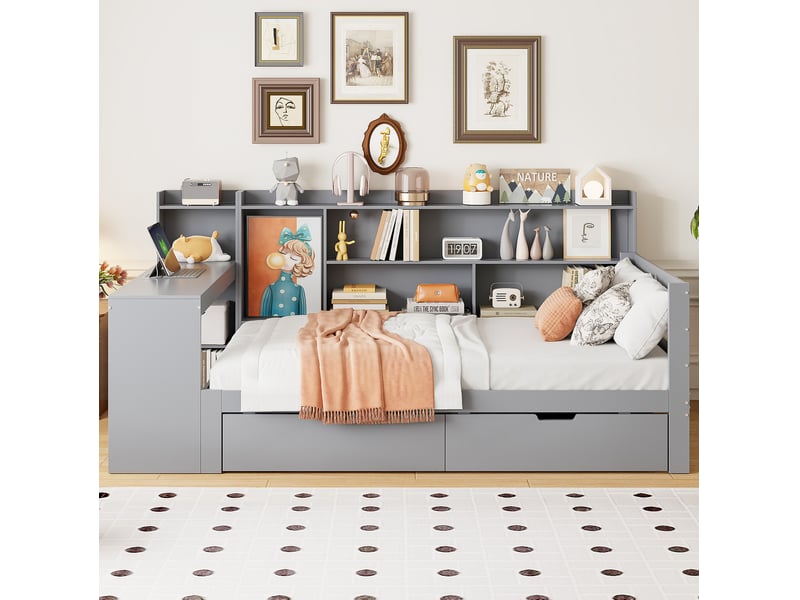  Lit banquette 90x200 cm – gris – bureau, rangements, 2 tiroirs, charge usb, étagères - sans matelas  - Conforama B