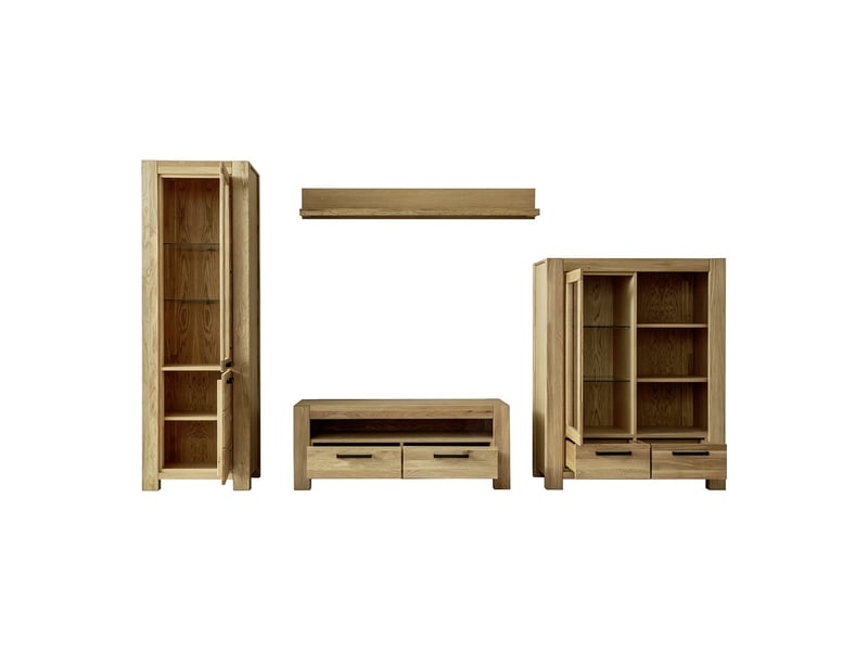  Ensemble de meubles de salon, 2 vitrines 1 meuble tv 1 étagère murale, coloris chêne huilé  - Conforama C