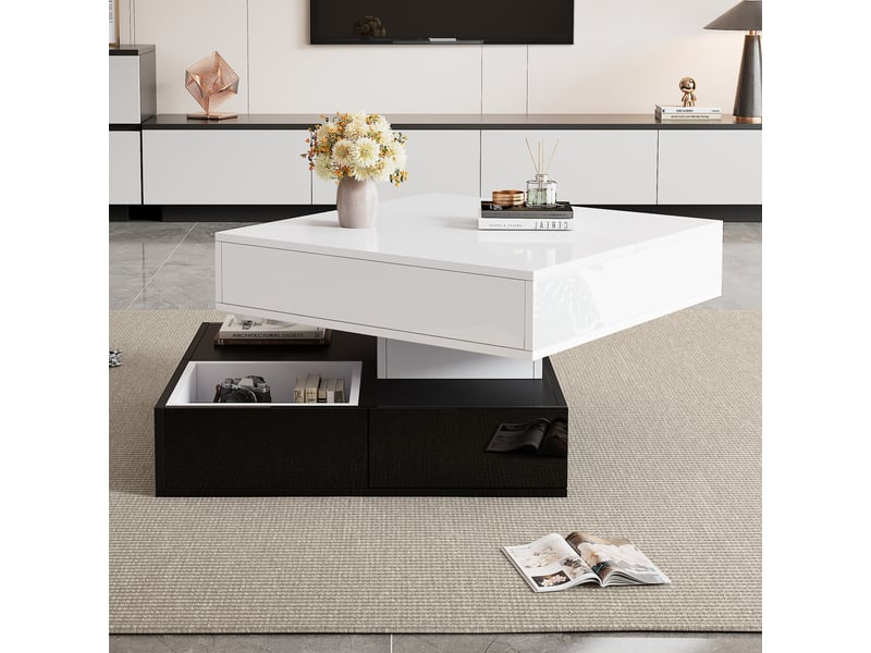  Table basse carrée 70x70 avec plateau relevable, table de salon noir et blanc, rangement caché  - Conforama E