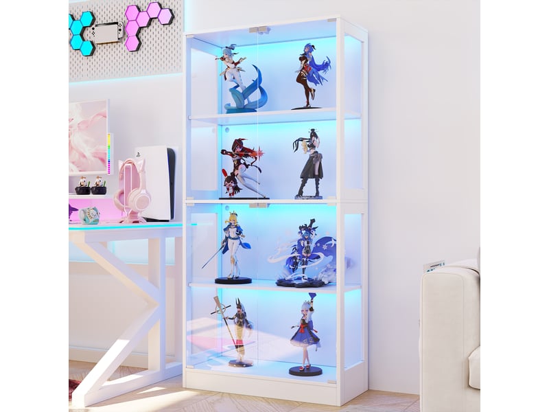  Vitrine led pour figurines et modèles, 80 x 35 x 170 cm, 4 niveaux, mdf et verre trempé blanc  - Conforama E