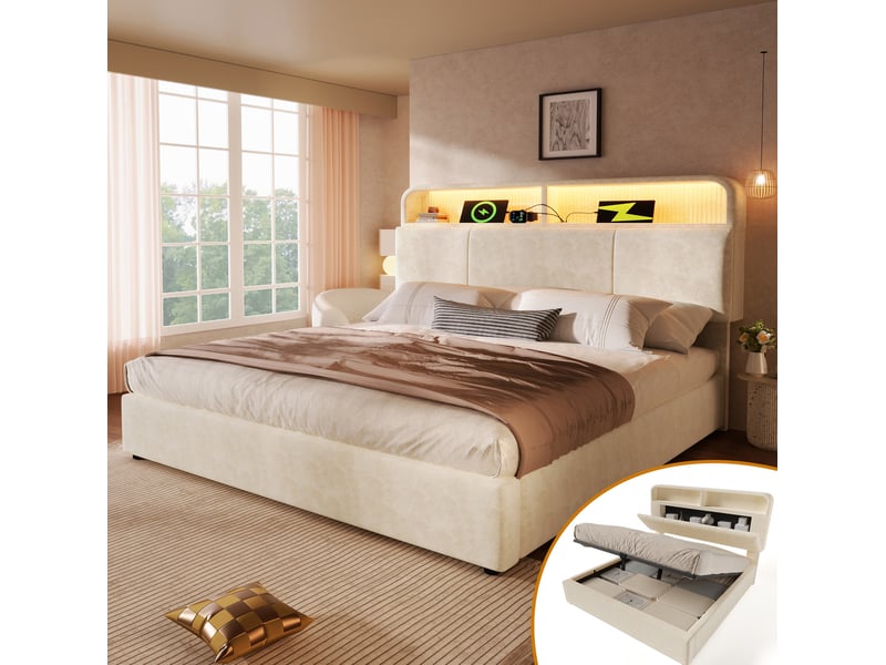  Lit coffre 180 x 200 cm beige en velours avec tête de lit réglable, led et station de charge  - Conforama D