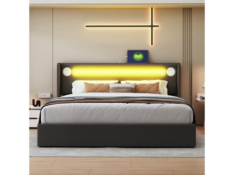  Lit double 160x200 cm - lit avec led et bluetooth intégré, chargeur usb, sans matelas - pu noir  - Conforama E