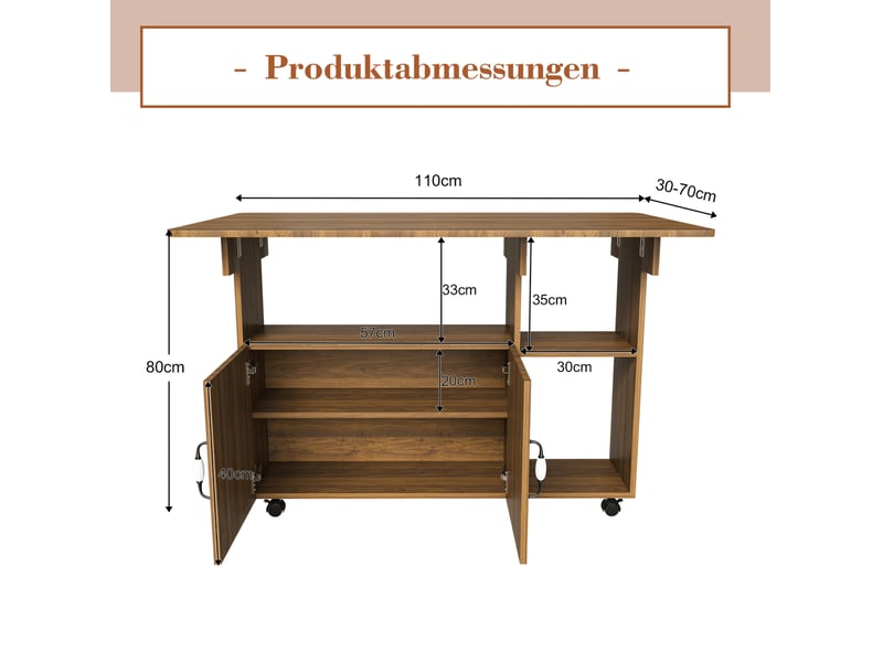 Desserte de cuisine 110x70x80 cm avec rangement et roulettes, coloris noyer clair - Conforama C
