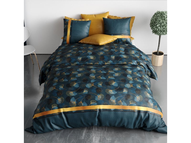  Parure housse de couette 260x240cm + 2 taies motif feuillage ginko bleu et jaune 100% coton - jayan JAYAN - Conforama C