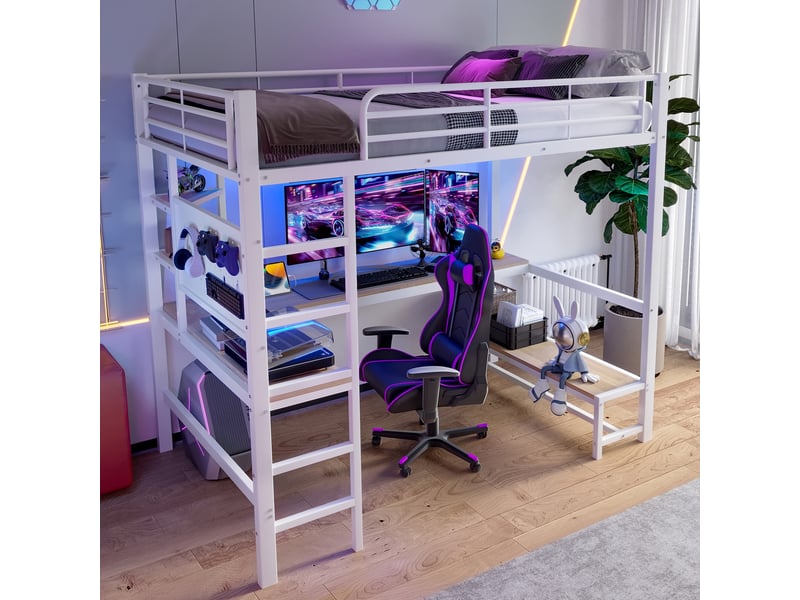  Lit mezzanine 90x200cm - lit haut en métal avec grand bureau, panneau perforé, led &amp; prises usbtype-c - blanc  - Conforama D