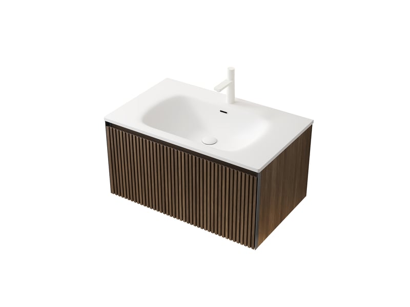 Meuble sous vasque mural avec 1 tiroir, vasque en résine blanche effet chêne brun pour salle de bain 80 × 46 × 41,8 cm - Conforama A