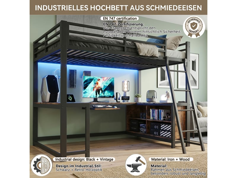 Lit mezzanine gaming 120 x 200 cm avec bureau sur 3 côtés, tiroir clavier, led, prise européenne et rangements, niches de rangement ouvertes, métal, noir Morn Vibe - Conforama E