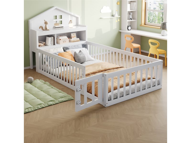  Lit enfant 90x200 cm avec étagère, tableau noir, garde-corps et sommier, forme de maison, bois blanc, sans matelas  - Conforama W