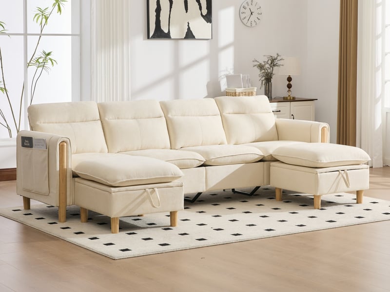  Canapé d'angle 3 places, avec 2 pouf de rangement, 261x77x86cm, beige  - Conforama B