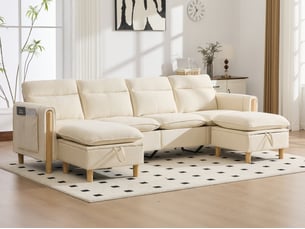 Canapé d'angle 3 places, avec 2 pouf de rangement, 261x77x86cm, beige