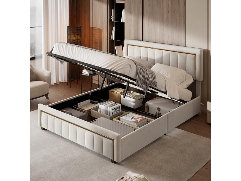  Lit coffre 160x200cm - lit double 160x200 - avec tête en velours, bordures dorées, style moderne chic - blanc crème  - Conforama B