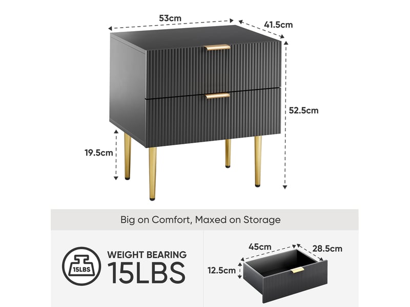  Table de chevet tcqpz noire 53 x 41,5 x 52,5 cm 2 tiroirs pieds en métal mdf  - Conforama C