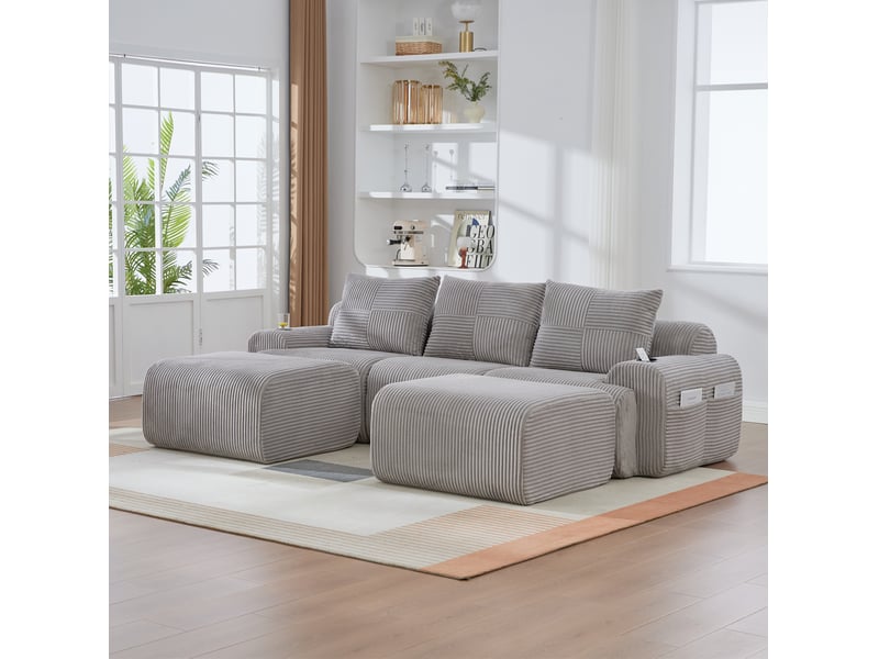  Canapé modulable 3 places 268x174x80 cm, velours côtelé gris clair, assise généreuse, poche latérale, porte-gobelets, confortable  - Conforama B