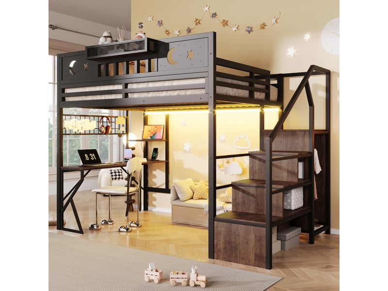  Lit mezzanine 140x200 cm, lit enfant, bureau, panneau perforé, étagères, barrière antichute, led, port usb, bois et métal noir  - Conforama A