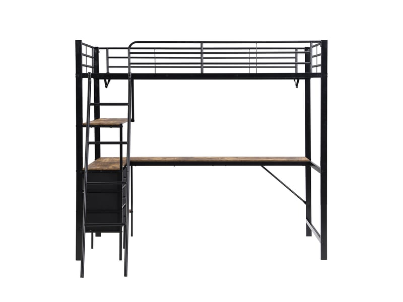  Lit mezzanine 90x200 cm avec bureau, lit gain de place pour enfant et adolescent avec 3 tiroirs, structure en métal et bois style industriel, noir  - Conforama D