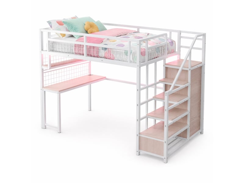  Lit mezzanine 140x200 cm avec escalier de rangement, bureau et penderie blanc  - Conforama A