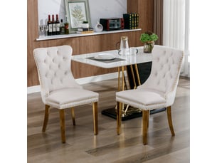 Lot de 2 chaises de salle à manger en velours beige pieds dorés capitonnées clous tapissier