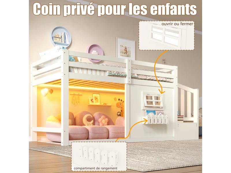  Lit mezzanine enfant 90x200 cm, fenêtre, escalier de rangement, led multicolore Fay Lum - Conforama D