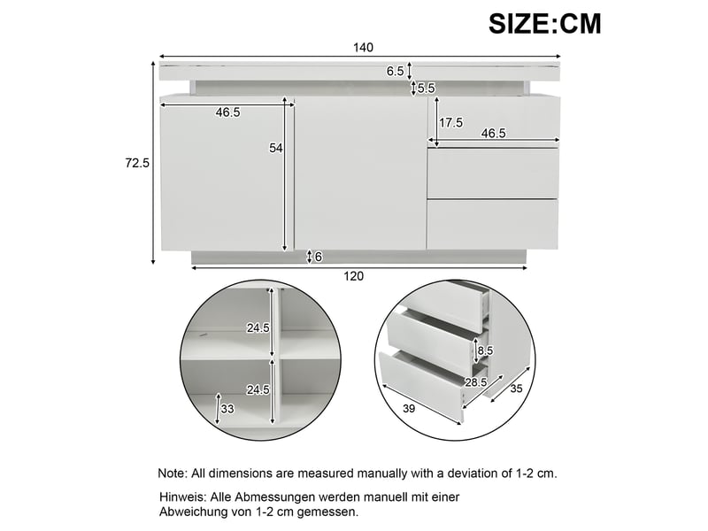  Buffet blanc avec led, 2 portes et 3 tiroirs - 140 x 35 x 72,5 cm  - Conforama E