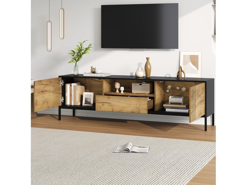  Meuble tv bas 170 x 35 x 50 cm – chene et noir – pour ecran jusqu a 70 pouces, rangement 2 portes et tiroir  - Conforama E