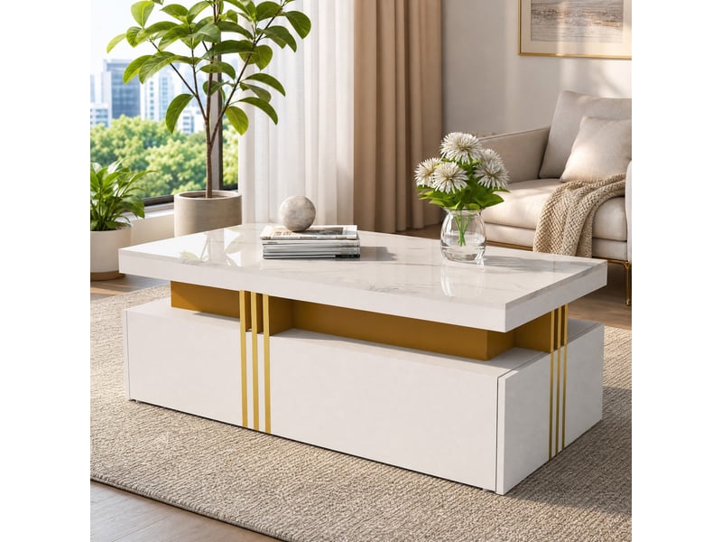 Table basse moderne avec 2 tiroirs et plateau brillant effet marbre pour salon, 100 × 50 × 40 cm  - Conforama B
