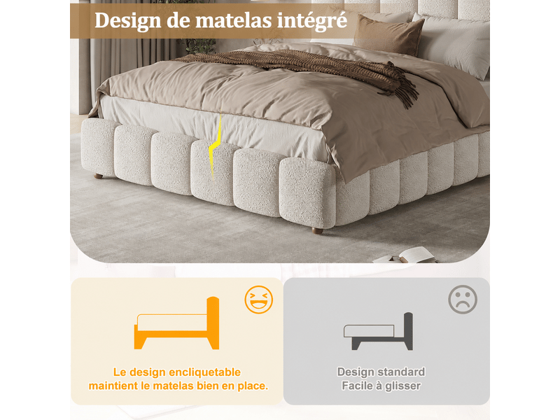  Lit coffre rembourré 140x190 cm, rangement hydraulique, tête de lit capitonnée à rayures verticales, sommier à lattes, bouclé blanc Radiant Stride - Conforama E