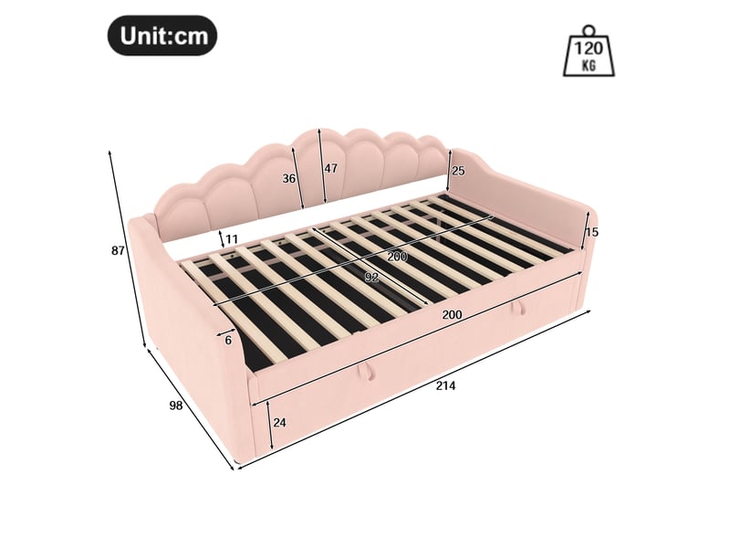  Lit de jour en velours rose 90x200cm avec coffre de rangement hydraulique et bande led  - Conforama C