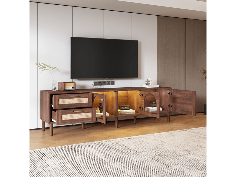  Meuble tv 180 cm pour écran 80 pouces avec led - 2 tiroirs rotin et portes verre  - Conforama B