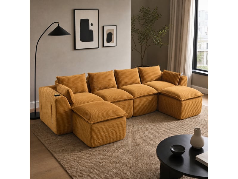 Canapé modulable 4 places en velours côtelé orange avec 2 poufs - Conforama B