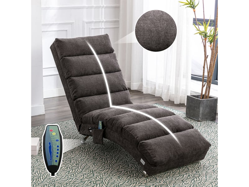 Chaise longue relax fixe vibrante en tissu effet lin avec poche latérale, gris foncé, 55 x 148 x 84 cm Fay Lum - Conforama B