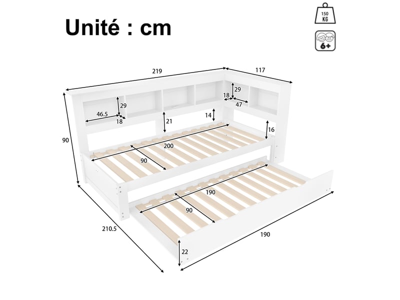 Canapé convertible lit gigogne avec prise et deux ports usb, rangements latéraux, panneaux de bois blanc - Conforama D