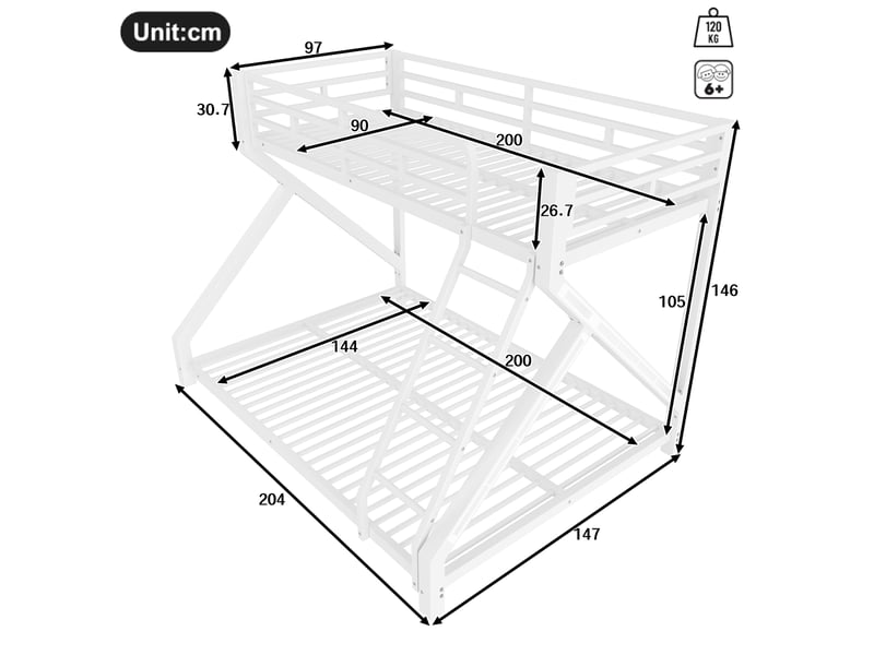  Lit superposé enfant en métal blanc avec led, couchages 90 x 200 et 140 x 200 cm, échelle et barrières, sans matelas  - Conforama C