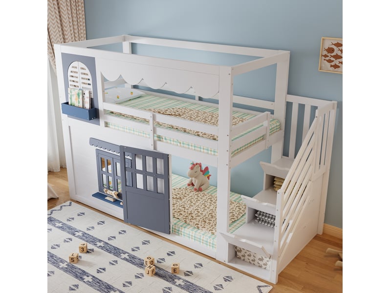  Lit mezzanine enfant 90 × 200 cm 1 place avec escalier de rangement et fenêtres ouvrantes, sans matelas, blanc bleu  - Conforama C