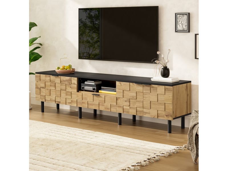  Meuble tv mosaïque 170 cm, 2 portes, tiroir et niche ouverte, décor bois noir  - Conforama B