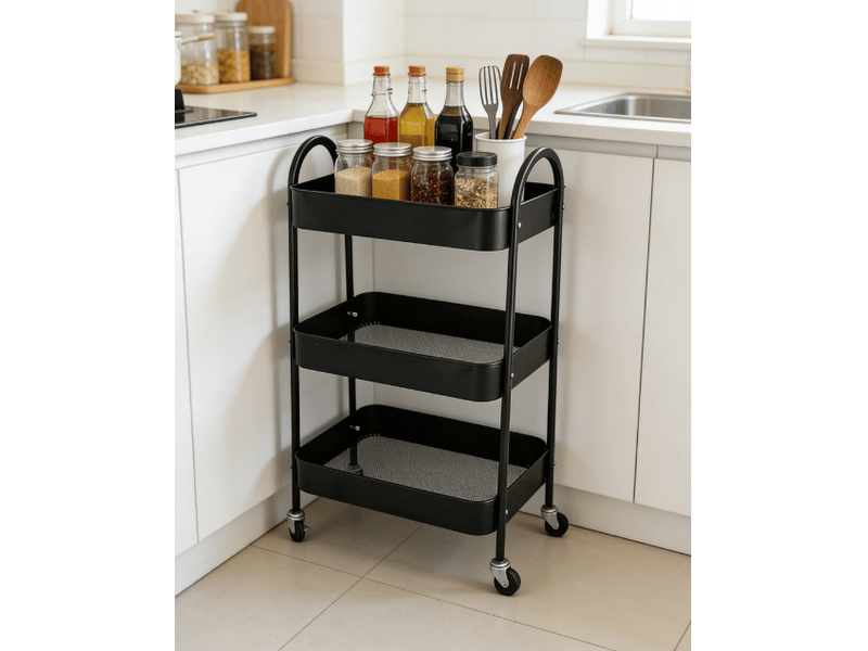  Desserte 3 niveaux 44,5 x 30,5 x 78,5 cm noire en acier carbone, roulettes pivotantes à 360 degrés  - Conforama D