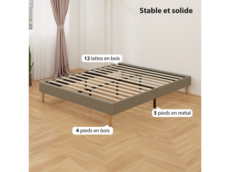  Cadre de lit 160 x 200 cm avec sommier à lattes en bois, lit double rembourré en velours côtelé, gris  - Conforama R