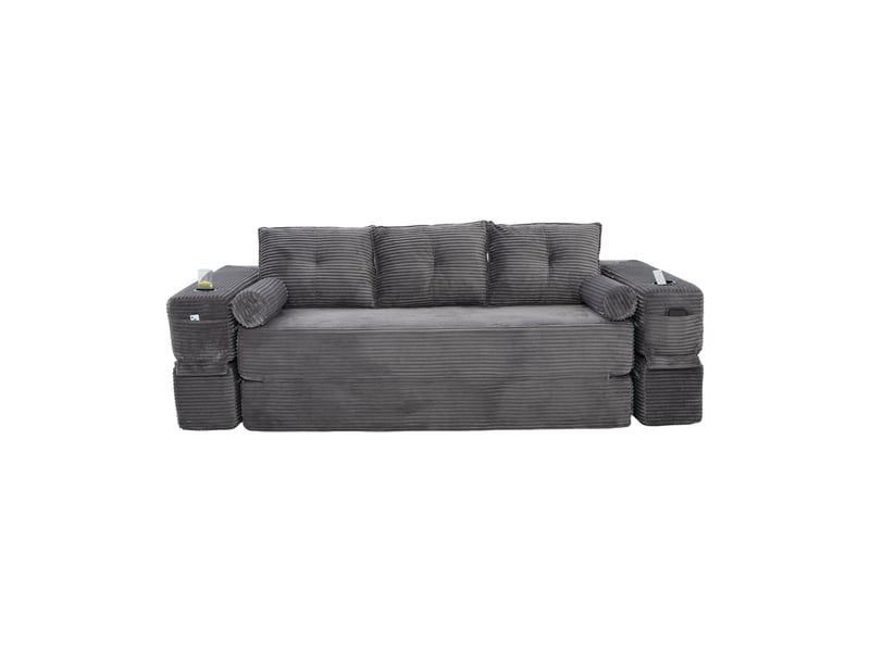 Canapé droit convertible 3 places en velours côtelé gris foncé 232x98x80 cm, poches, porte-gobelets, salon 232x98x80cm - Conforama A
