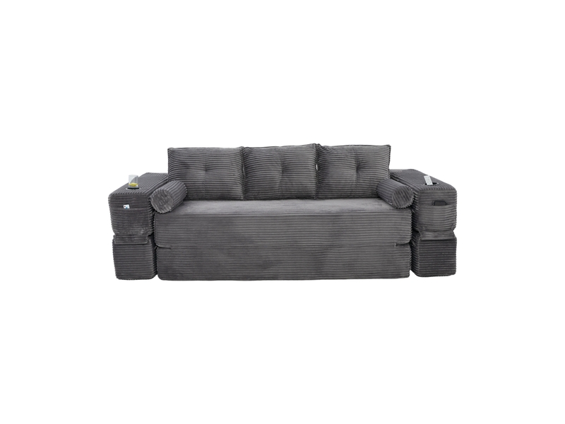  Canapé droit convertible 3 places en velours côtelé gris foncé 232x98x80 cm, poches, porte-gobelets, salon 232x98x80cm - Conforama A