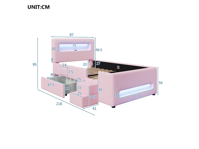 Lit enfant 90x200cm, tiroirs, escaliers, lumières avec éclairage led avec rangement, design confort, mdf, pu rose sans matelas - Conforama C