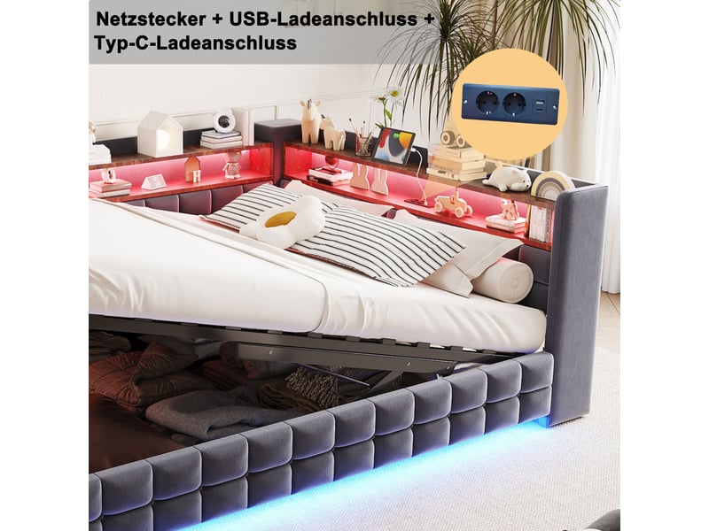  Lit coffre hydraulique 140x200 cm avec étagères, led et prises usb-c, velours gris foncé, sans matelas  - Conforama E