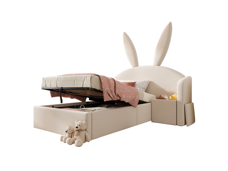  Lit coffre 90x190 cm avec table de chevet, tête de lit à oreilles de lapin en velours beige  - Conforama A