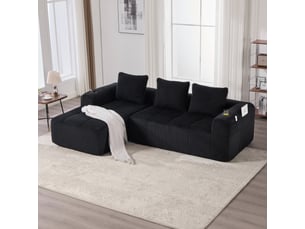 Canapé modulaire compact en velours côtelé noir avec poches latérales, porte-gobelets et 3 coussins