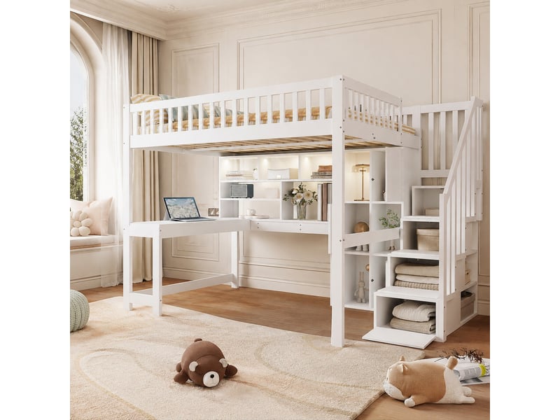 Lit mezzanine 140 x 200 cm blanc avec led, bureau, étagères et escalier de rangement - Conforama B