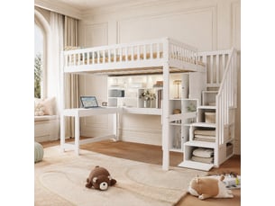 Lit mezzanine 140 x 200 cm blanc avec led, bureau, étagères et escalier de rangement