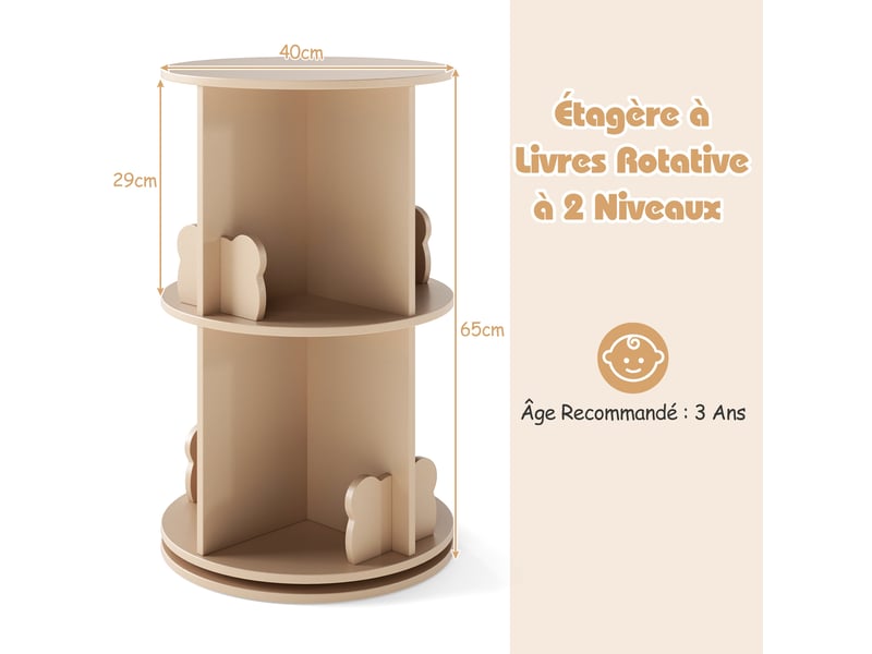 Bibliothèque enfant, 65cm bibliothèque à 2 niveaux avec serre-livres lapinourson, 8 compartiments, étagère à livres pivotante à 360°, pour chambre d'  - Conforama C