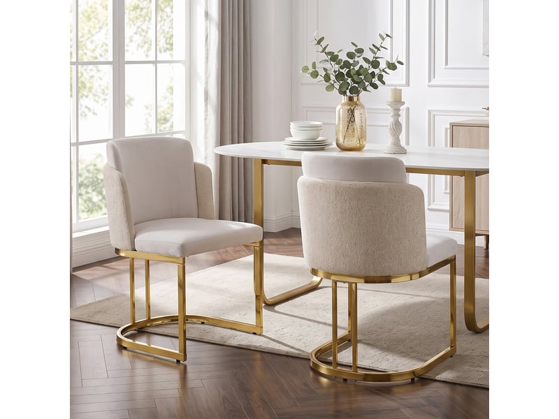  Lot de 2 chaises de salle à manger à double dossier rembourré  - pieds métal doré, chenille beige  - Conforama C