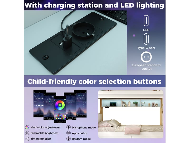  Lit superposé 90 × 200 cm et 90 × 200 cm 2 places avec coffre, escalier, led et usb, sans matelas, blanc  - Conforama E